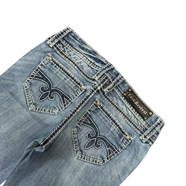 Rock revival flared/bootcut low waist women designer distressed jeans(w28)