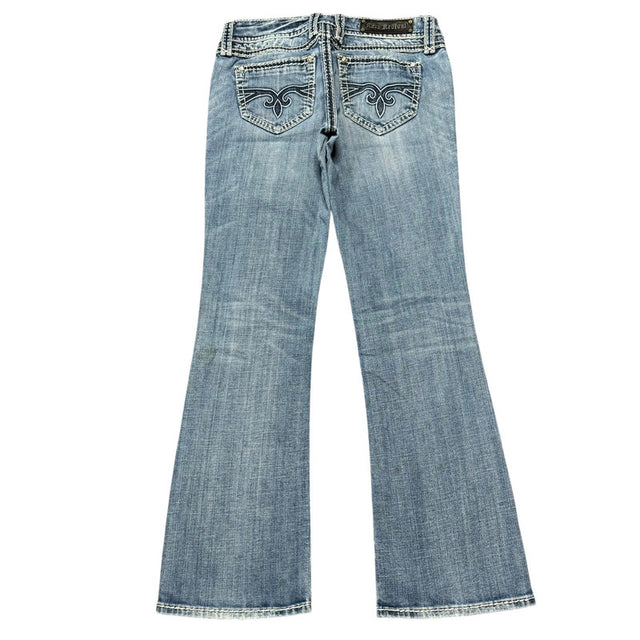 Rock revival flared/bootcut low waist women designer distressed jeans(w28)