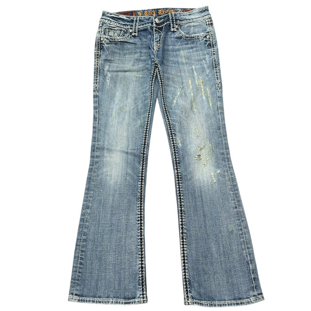 Rock revival flared/bootcut low waist women designer distressed jeans(w28)