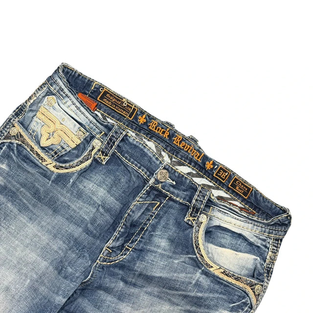 Rock Revival baggy/Straight leg unisex designer jeans(w38)