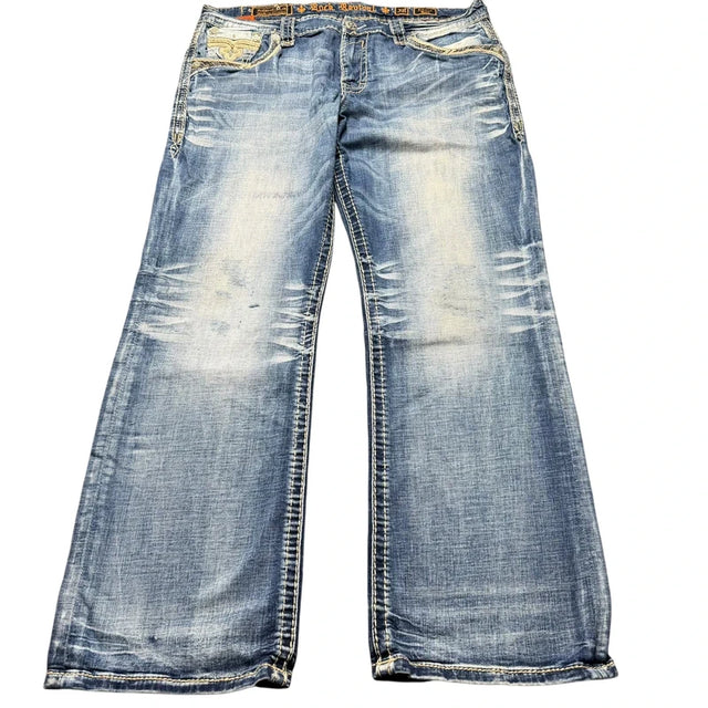 Rock Revival baggy/Straight leg unisex designer jeans(w38)